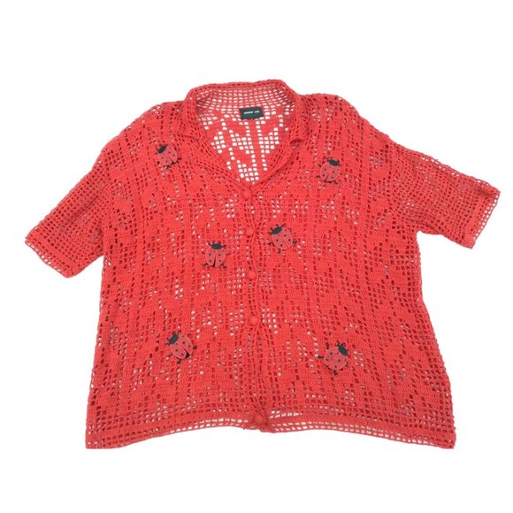 Morgan Cole open knit red button unique cardigan w/ Ladybugs measures Large/XL - Picture 6 of 16